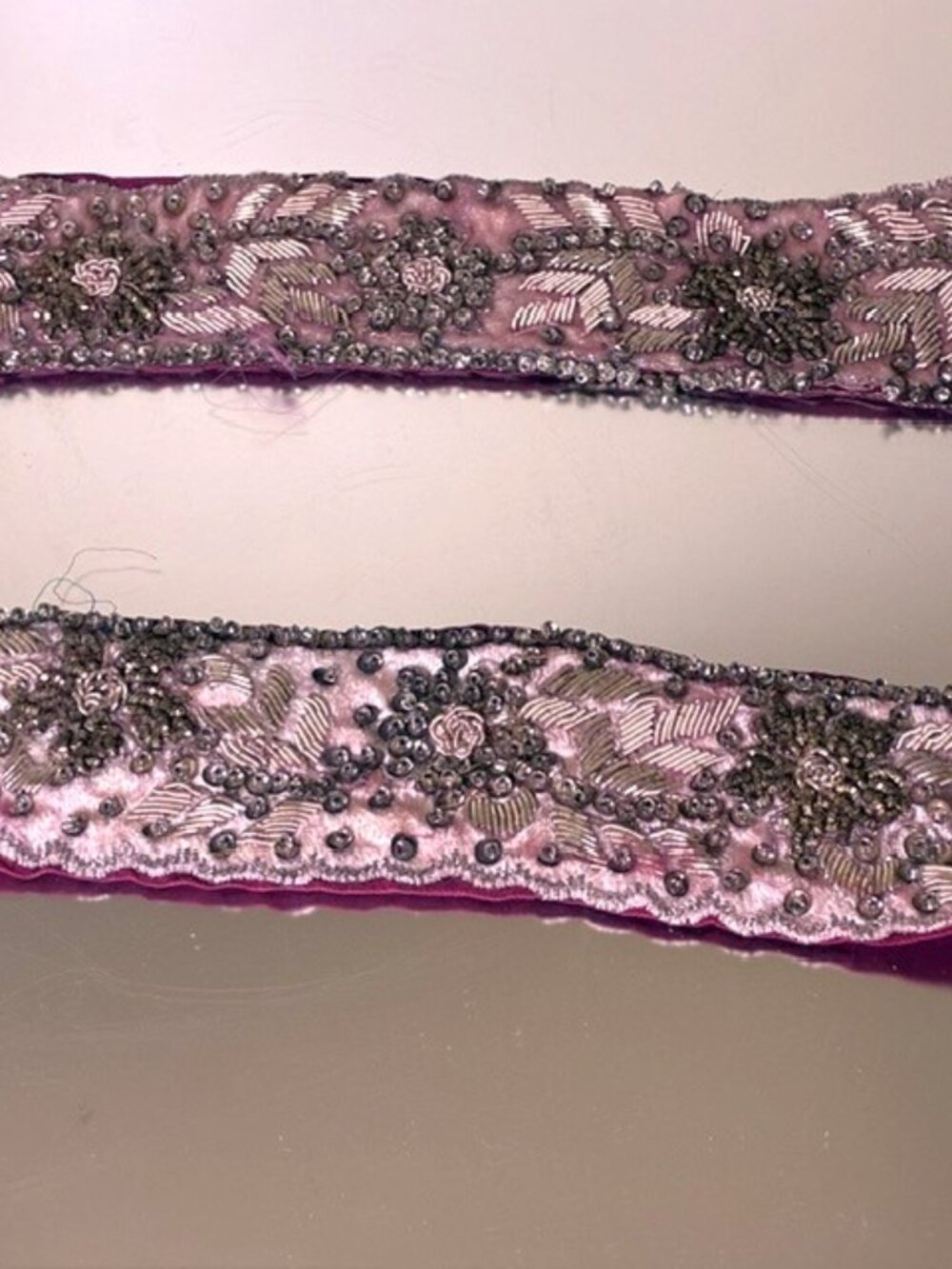 Rare PINK VELVET Zardozi Saree trim with sequins Hand-Embroidered on Red Silk